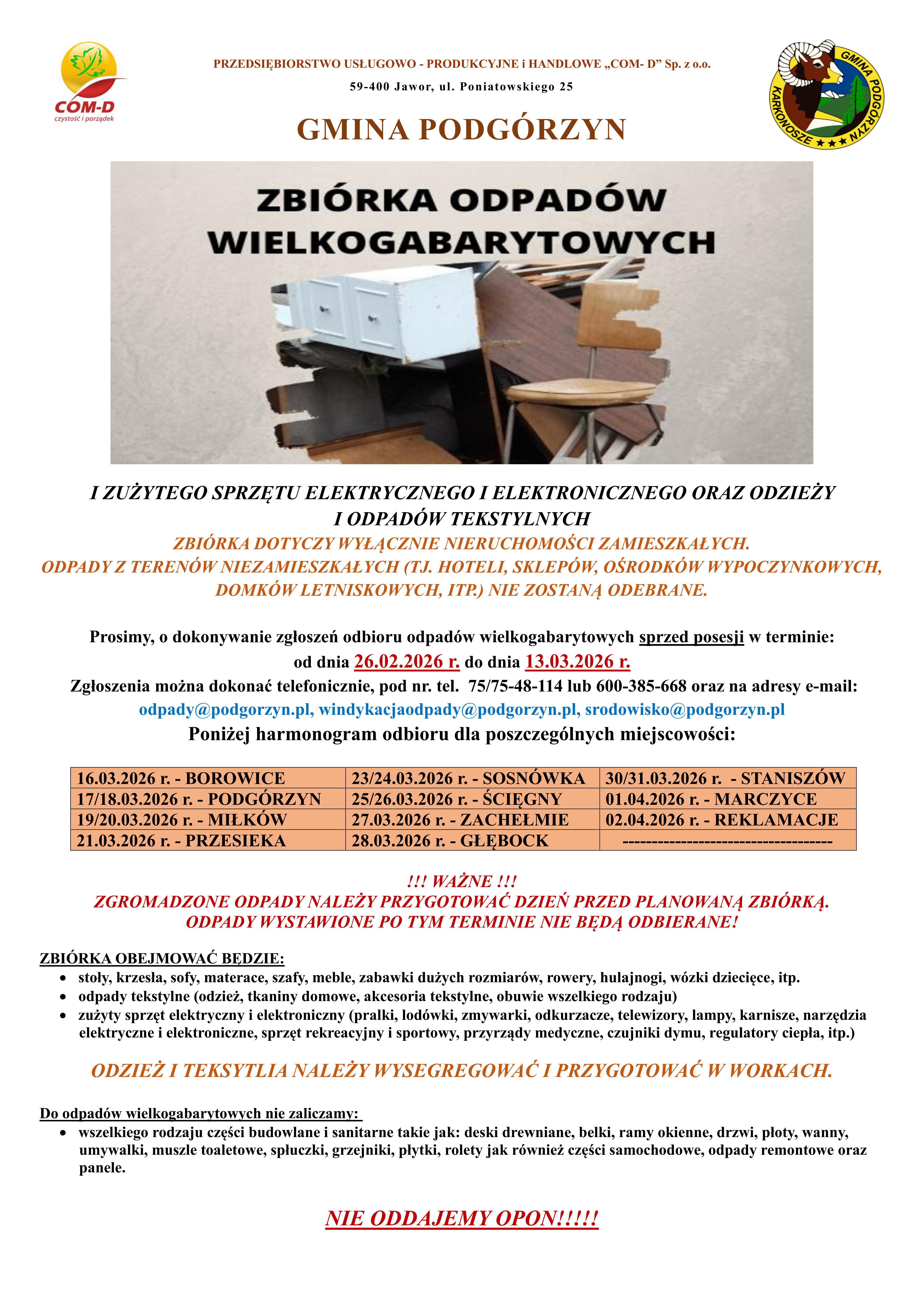 Zbiórka odpadów: wielkogabarytów i zużytego sprzętu elektrycznego i elektronicznego - wiosna 2026