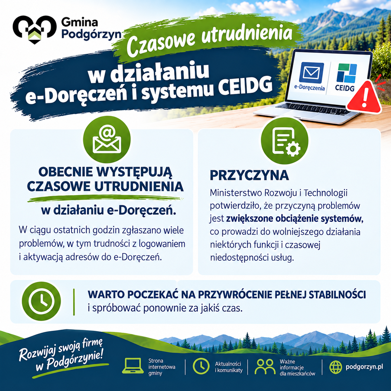 Czasowe utrudnienia w działaniu e-Doręczeń i systemu CEIDG