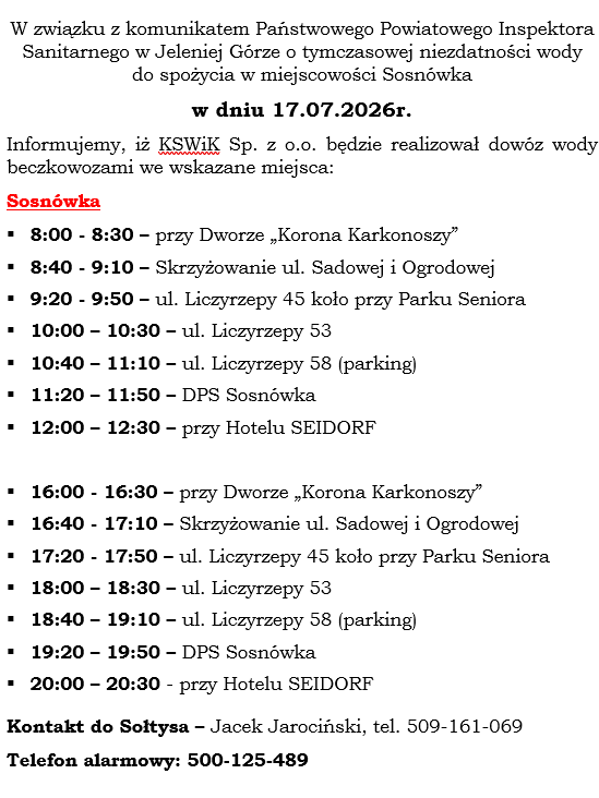 Harmonogram dostawy wody - 17.07.2026