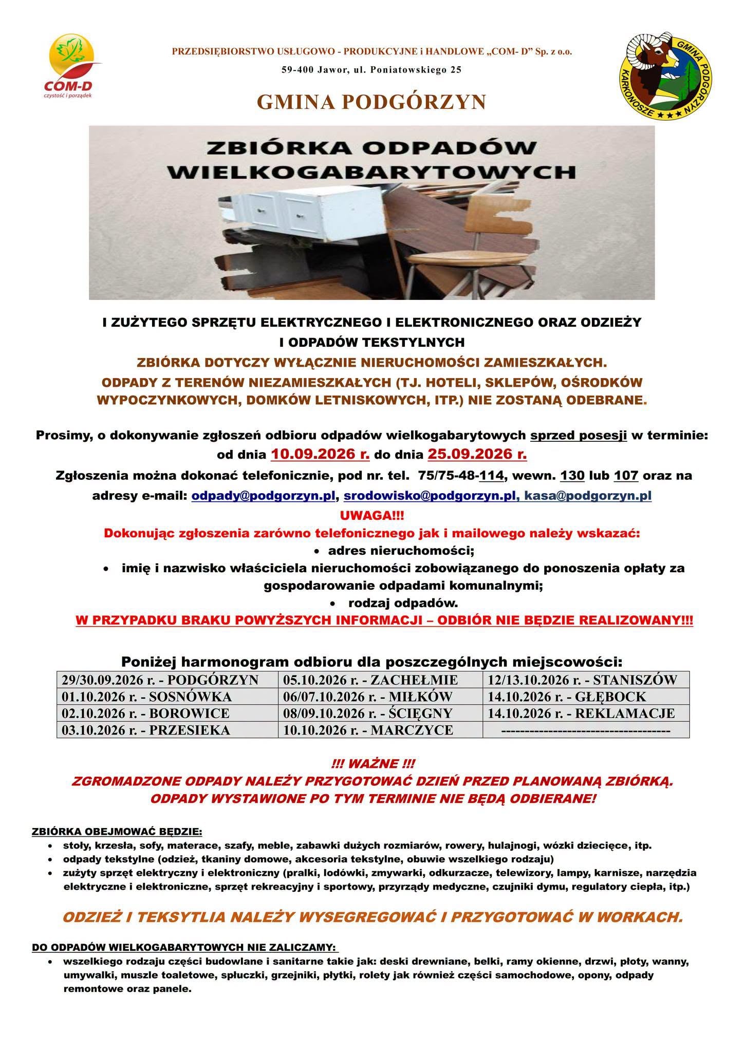 Zbiórka odpadów wielkogabarytowych, elektroodpadów oraz tekstyliów – Gmina Podgórzyn