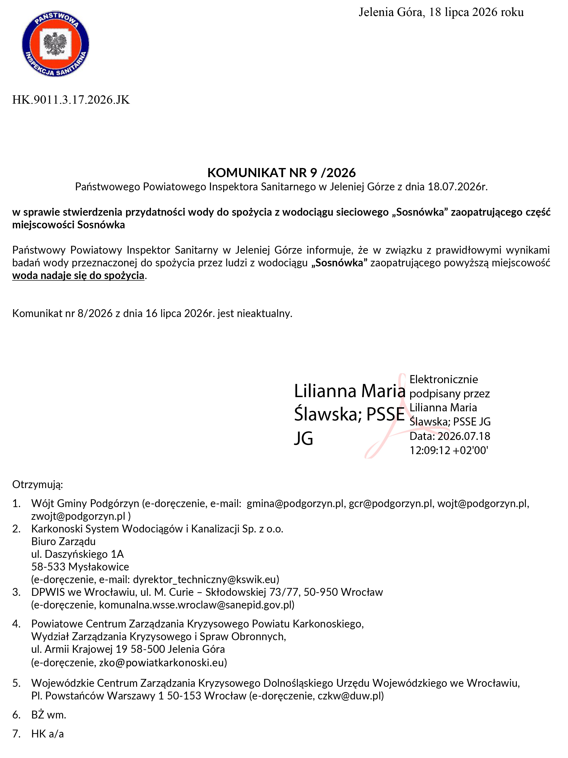 Woda z wodociągu „Sosnówka” ponownie zdatna do spożycia