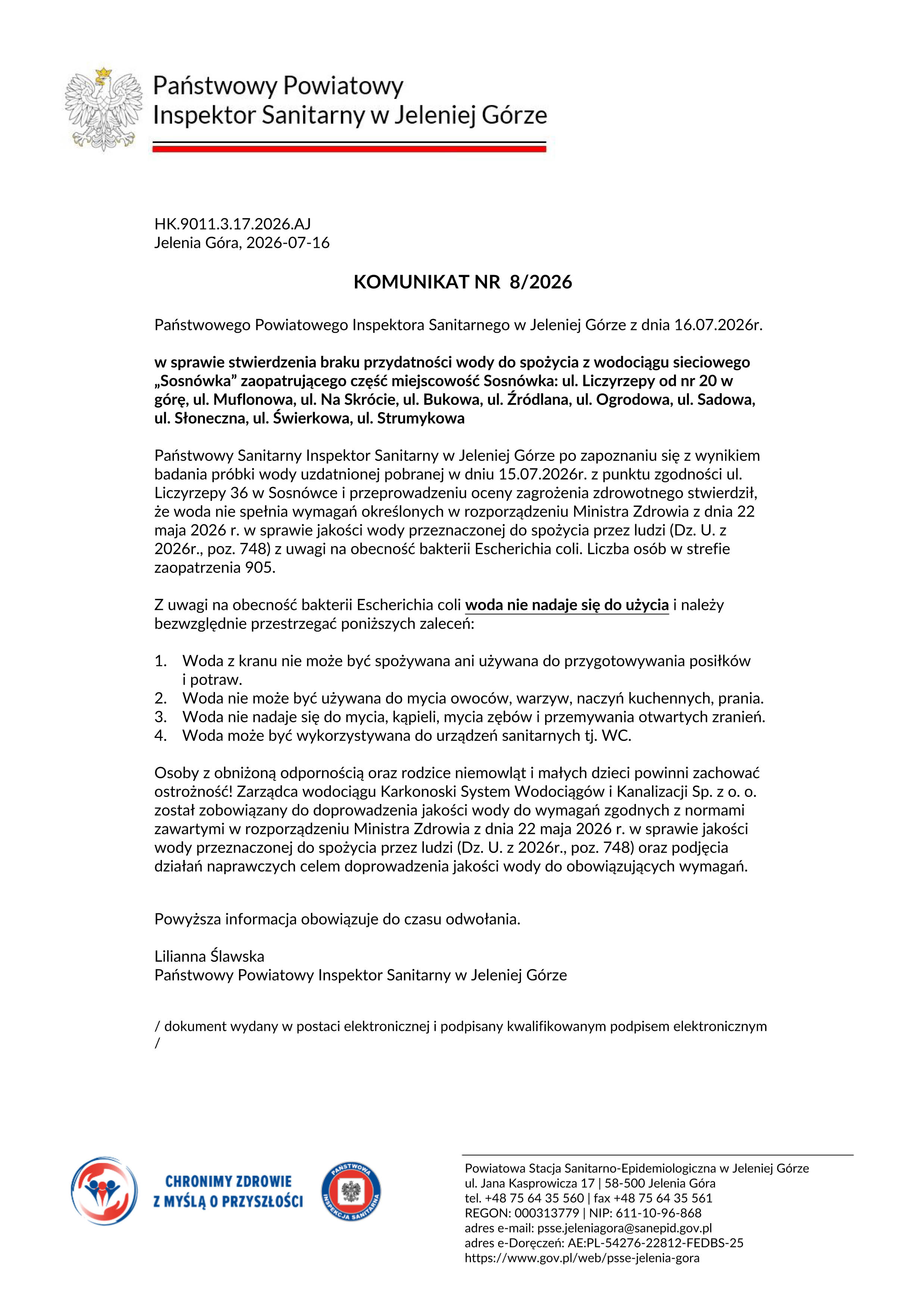 Komunikat dla Sosnówki - Państwowy Powiatowy Inspektor Sanitarny w Jeleniej Górze