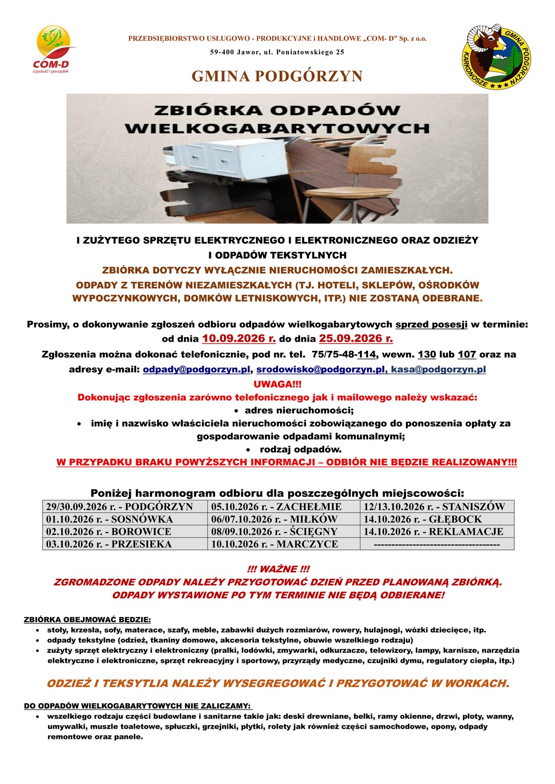 Zbliża się zbiórka odpadów wielkogabarytowych w Gminie Podgórzyn.