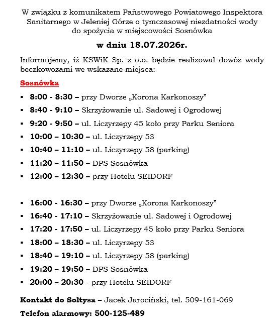 Harmonogram dostawy wody - sobota 18.07.2026