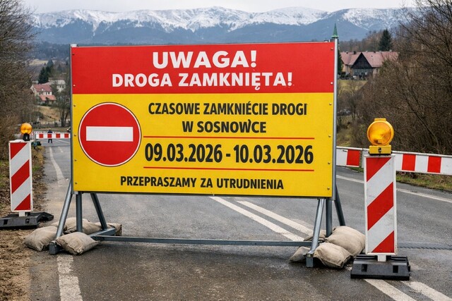 Czasowe zamknięcie drogi w Sosnówce w dniach 09.03.2026-10.03.2026.