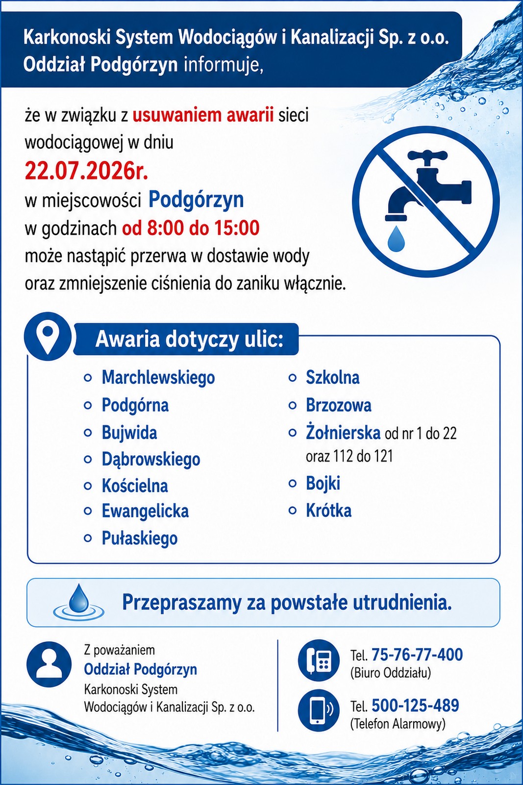 Awaria wodociągowa Podgórzyn 22.07.2026