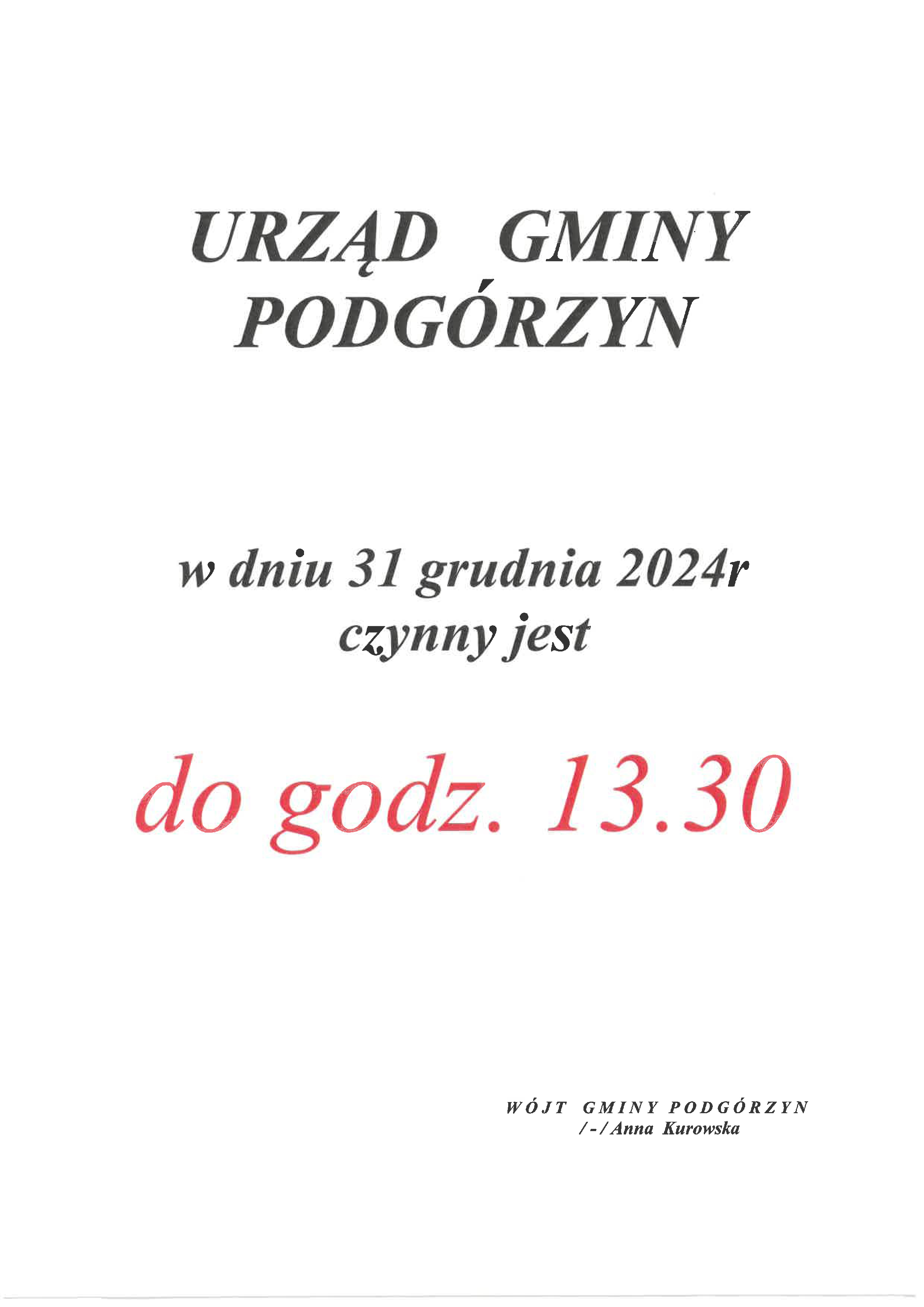 Sylwester godziny pracy urzędu