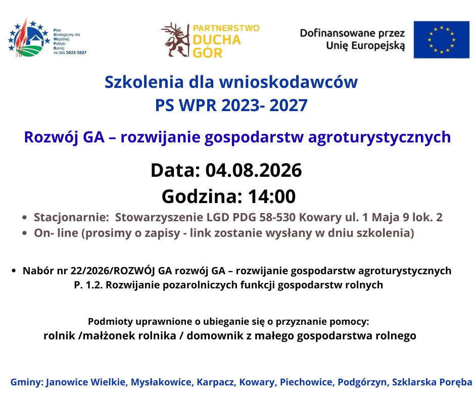 Bezpłatne szkolenie dotyczące rozwoju gospodarstw agroturystycznych